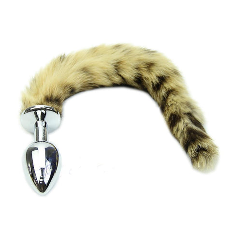 8" TAIL KHAKI AND BLACK RACCOON TAIL STAINLESS STEEL PLUG  pluglust
