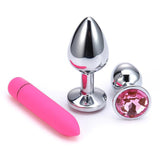 3 PCS/SET STAINLESS STEEL JEWELED PLUG WITH SILICONE BULLET VIBRATOR  pluglust