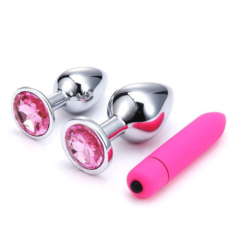 3 PCS/SET STAINLESS STEEL JEWELED PLUG WITH SILICONE BULLET VIBRATOR  pluglust