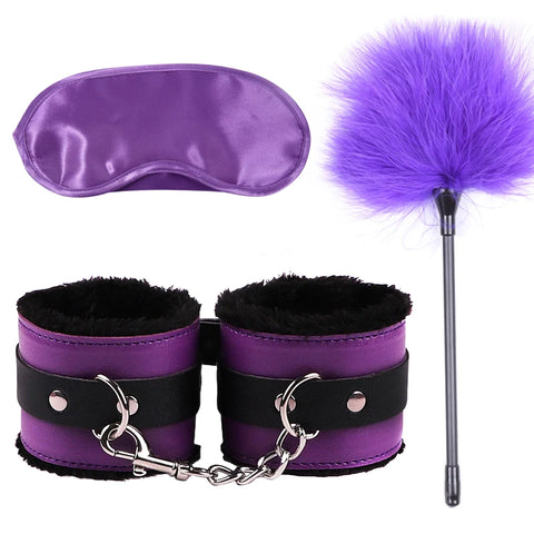 Bondage Kit Set – Leather & Plush Role Play Accessories with Handcuffs, Blindfold & Feather